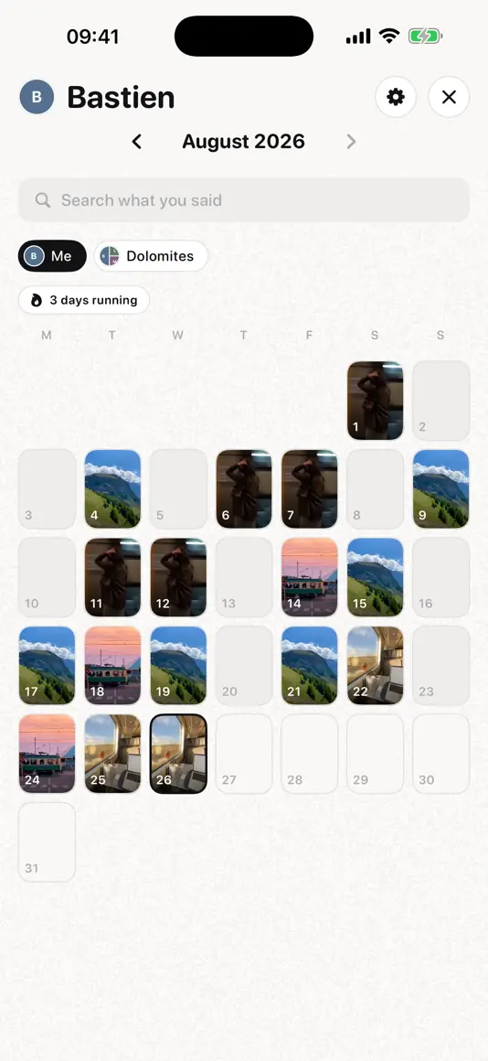 A month of days as a calendar of thumbnails, one square per day filmed
