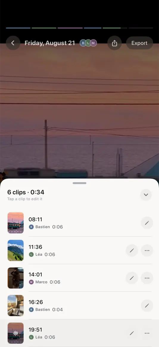 A shared day, its clips listed with the name of whoever filmed each one